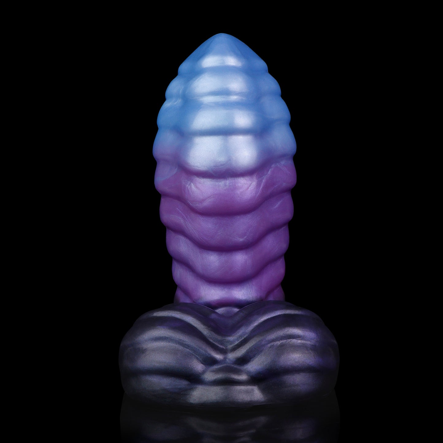 Kael the Dragonkin dildo, Spectre colorway, front-on view of the tapered tip and undulating scale-textured base