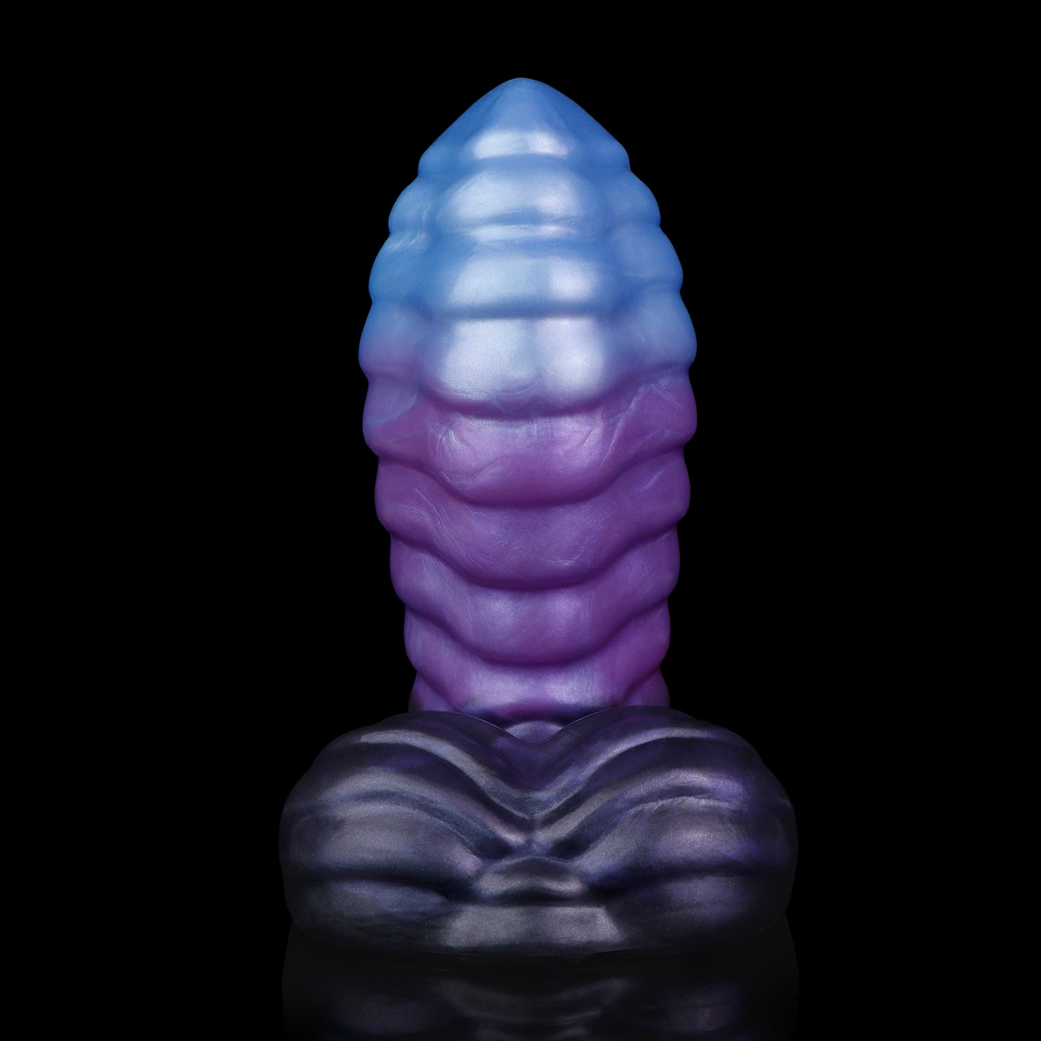 Kael the Dragonkin dildo, Spectre colorway, front-on view of the tapered tip and undulating scale-textured base