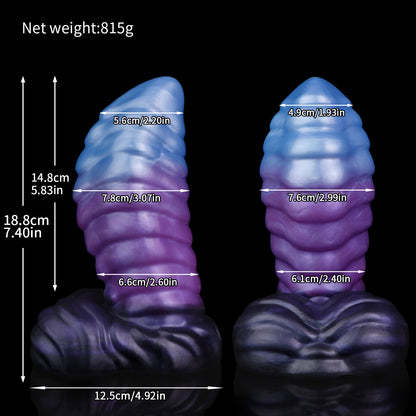 Kael the Dragonkin dildo, Spectre colorway, size chart with insertable length, total length, diameter and weight measurements