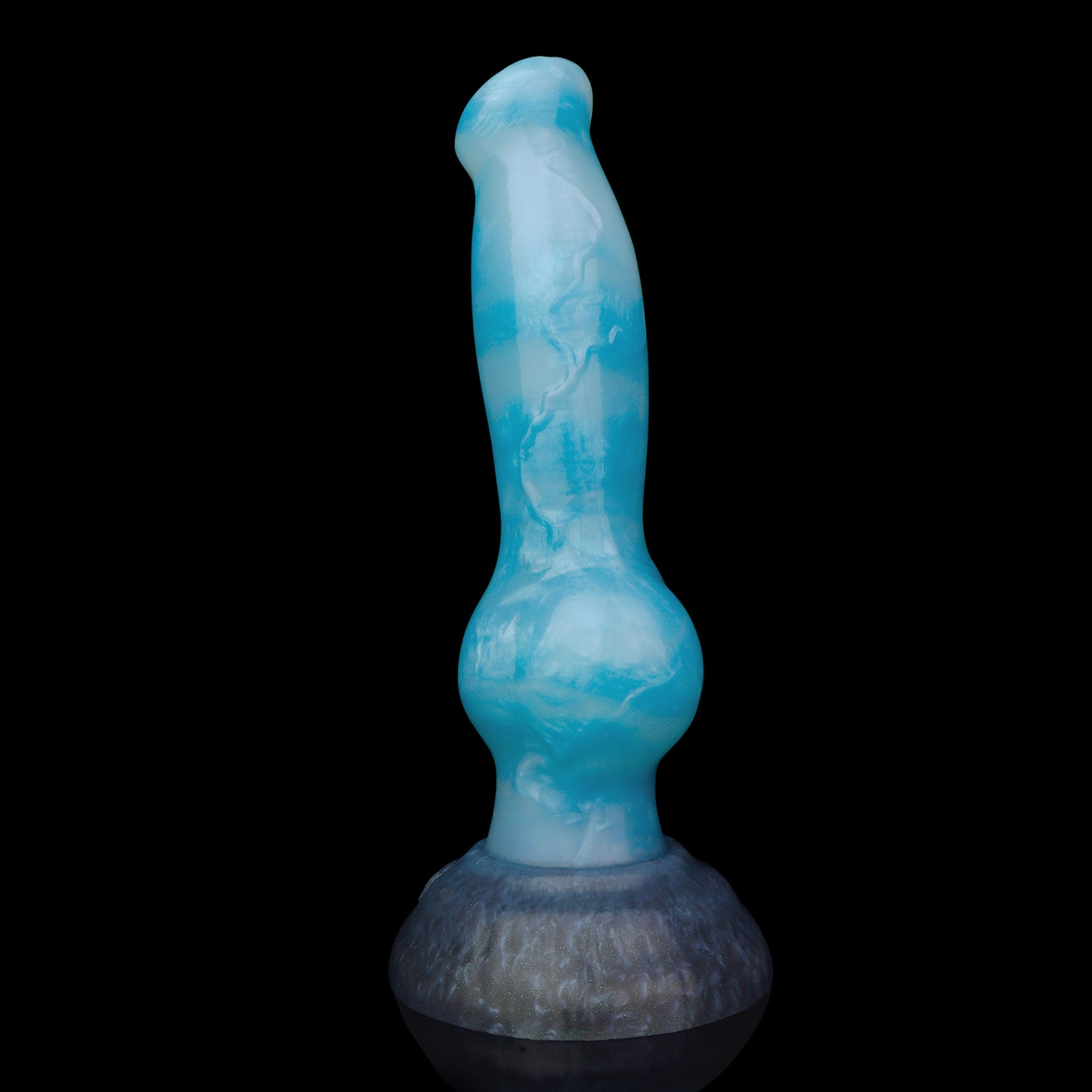 Koda the Guardian dildo, Blizzard colorway, standing upright showing the turquoise-aqua shaft fading into a speckled stone-grey base