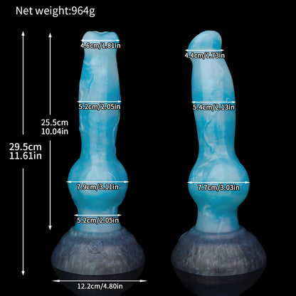 Koda the Guardian dildo, Blizzard colorway, size chart with insertable length, total length, diameter and weight measurements