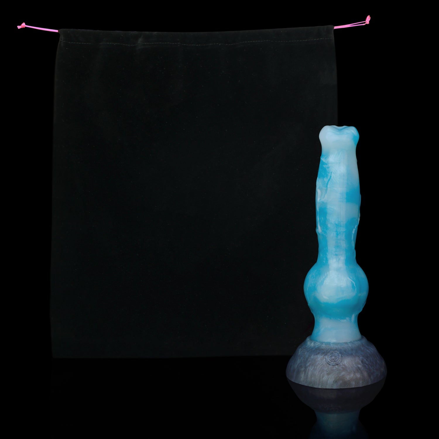 Koda the Guardian dildo, Blizzard colorway, shown alongside the included black Lunara's Realm storage pouch