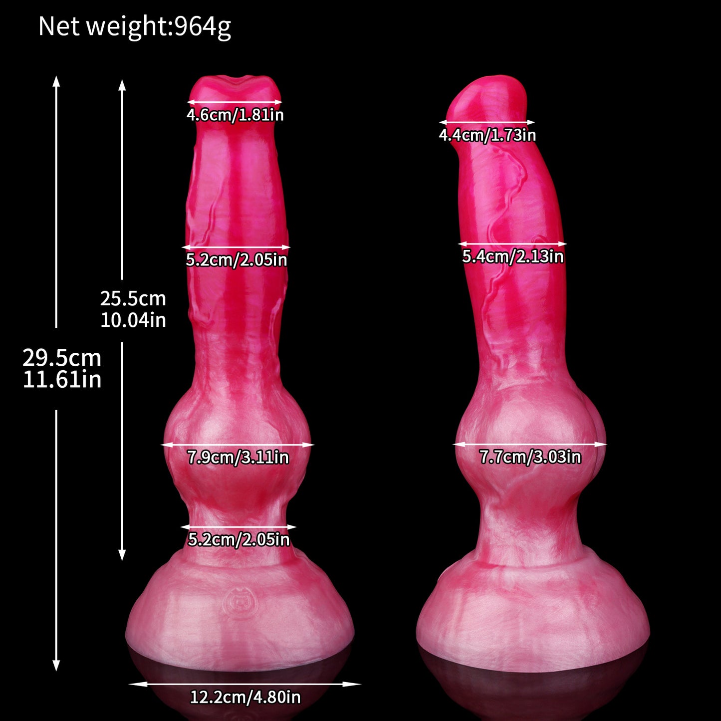 Koda the Guardian dildo, Blush colorway, size chart with insertable length, total length, diameter and weight measurements