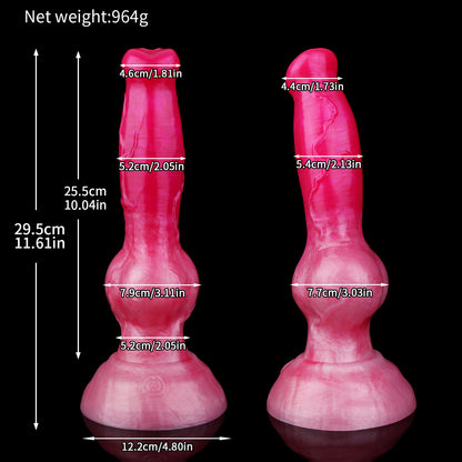 Koda the Guardian dildo, Blush colorway, size chart with insertable length, total length, diameter and weight measurements