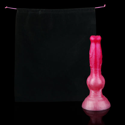 Koda the Guardian dildo, Blush colorway, shown alongside the included black Lunara's Realm storage pouch