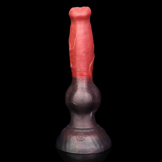 Koda the Guardian dildo, Dusk colorway, standing upright on its rounded base showing the tapered head, veined shaft and knot