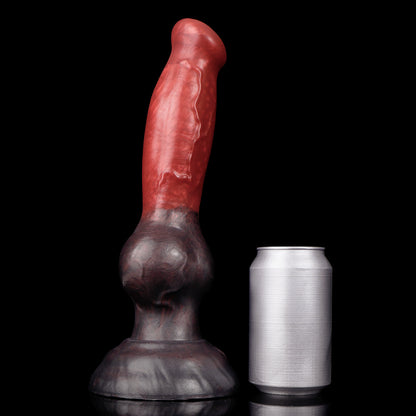 Koda the Guardian dildo, Dusk colorway, standing upright beside a soda can for size comparison