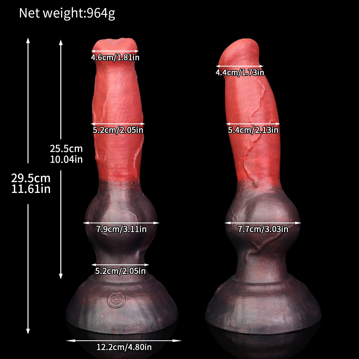 Koda the Guardian dildo, Dusk colorway, size chart with insertable length, total length, diameter and weight measurements