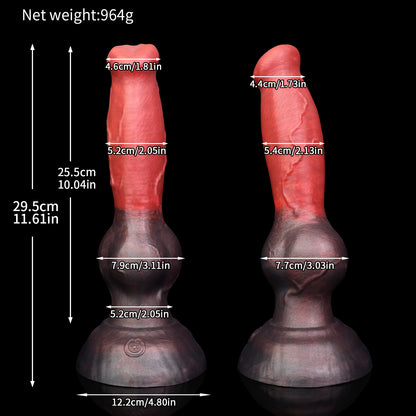 Koda the Guardian dildo, Dusk colorway, size chart with insertable length, total length, diameter and weight measurements
