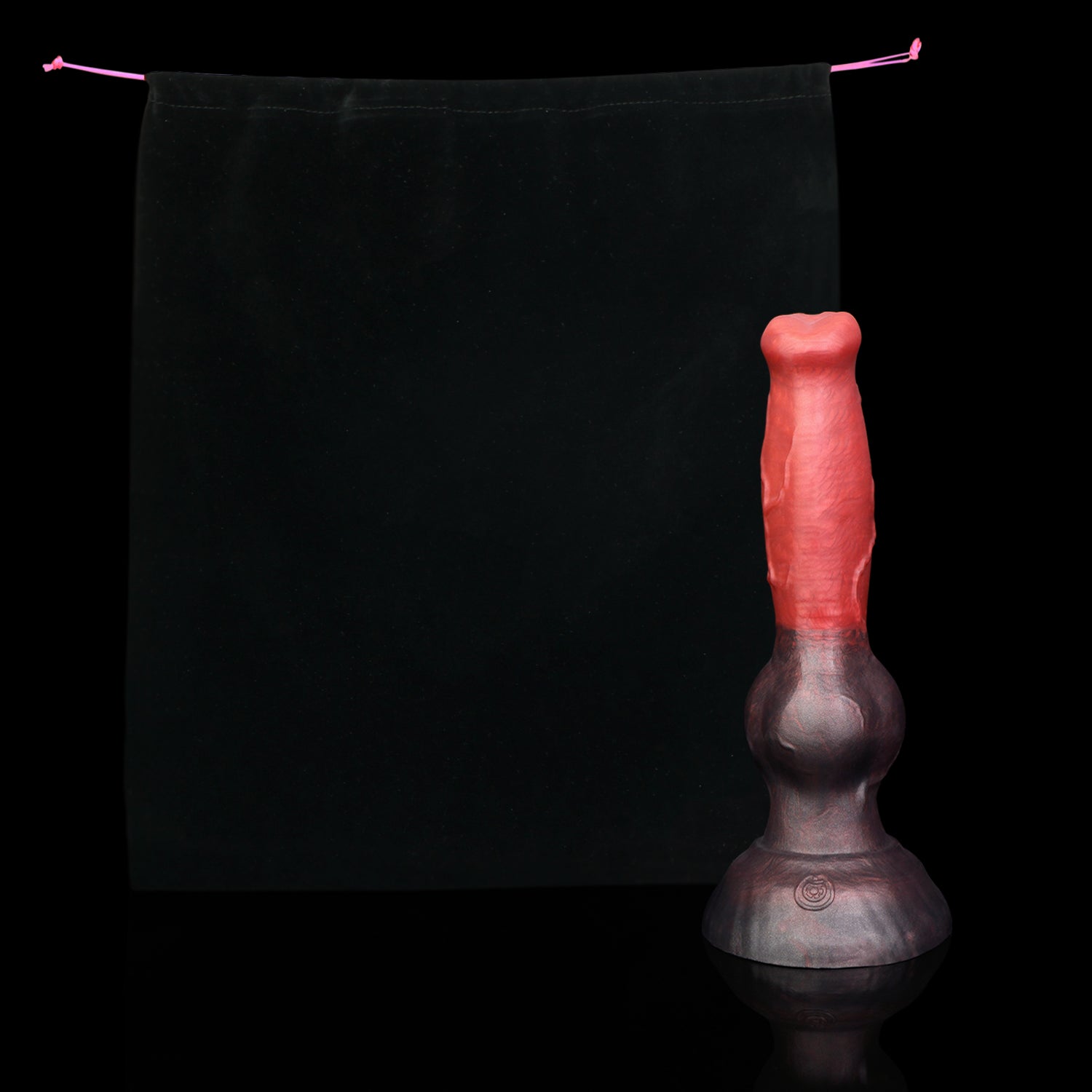 Koda the Guardian dildo, Dusk colorway, shown alongside the included black Lunara's Realm storage pouch