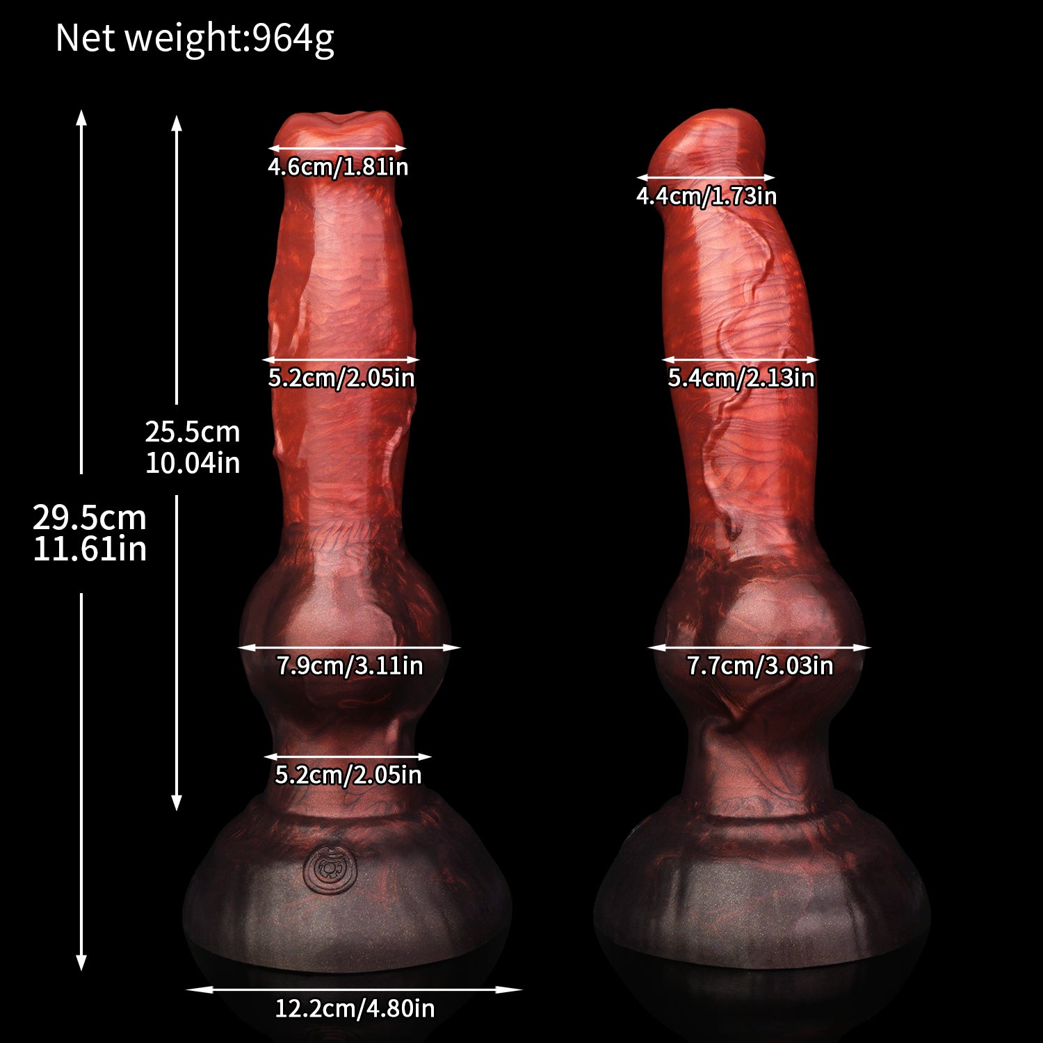 Koda the Guardian dildo, Lava colorway, size chart with insertable length, total length, diameter and weight measurements