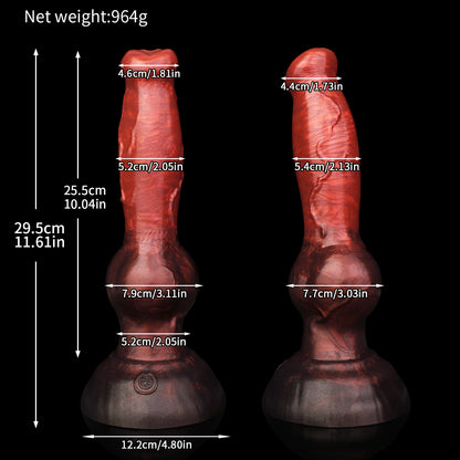 Koda the Guardian dildo, Lava colorway, size chart with insertable length, total length, diameter and weight measurements