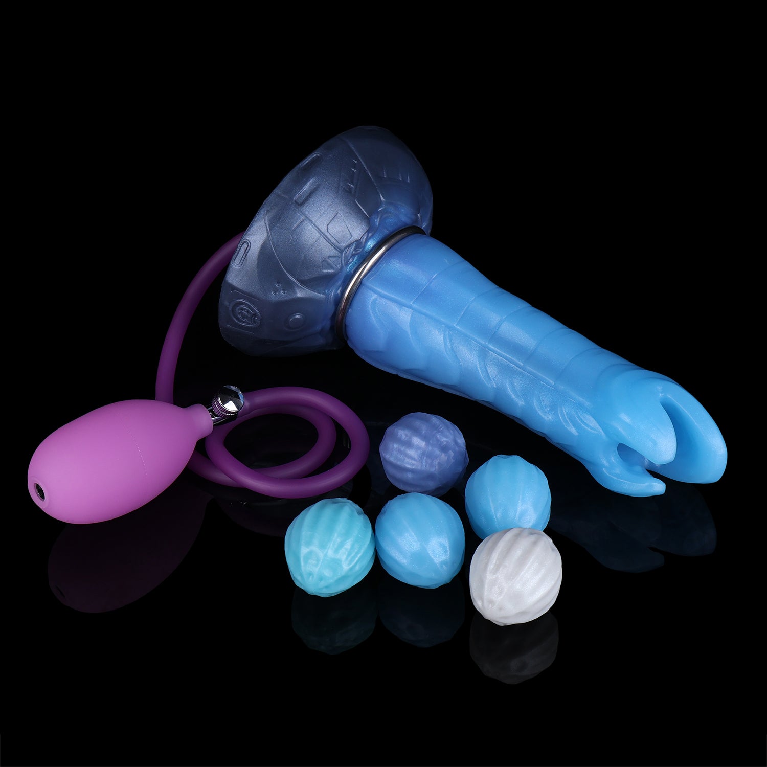 Kryptid the Breacher dildo, Arctic colorway, lying on its side alongside the pneumatic pump and interchangeable eggs