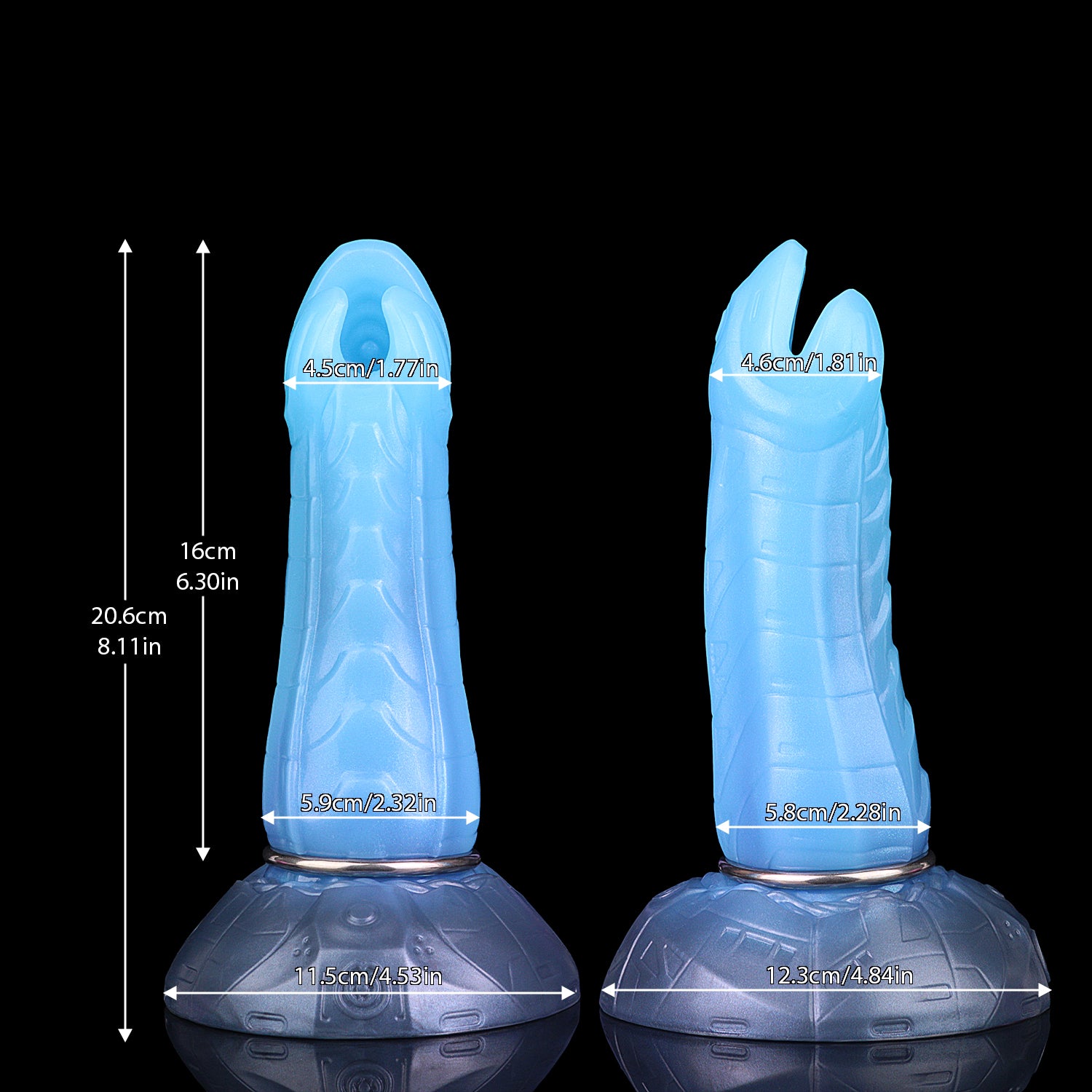 Kryptid the Breacher dildo, Arctic colorway, size chart with insertable length, total length and diameter measurements