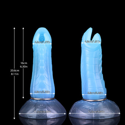 Kryptid the Breacher dildo, Arctic colorway, size chart with insertable length, total length and diameter measurements