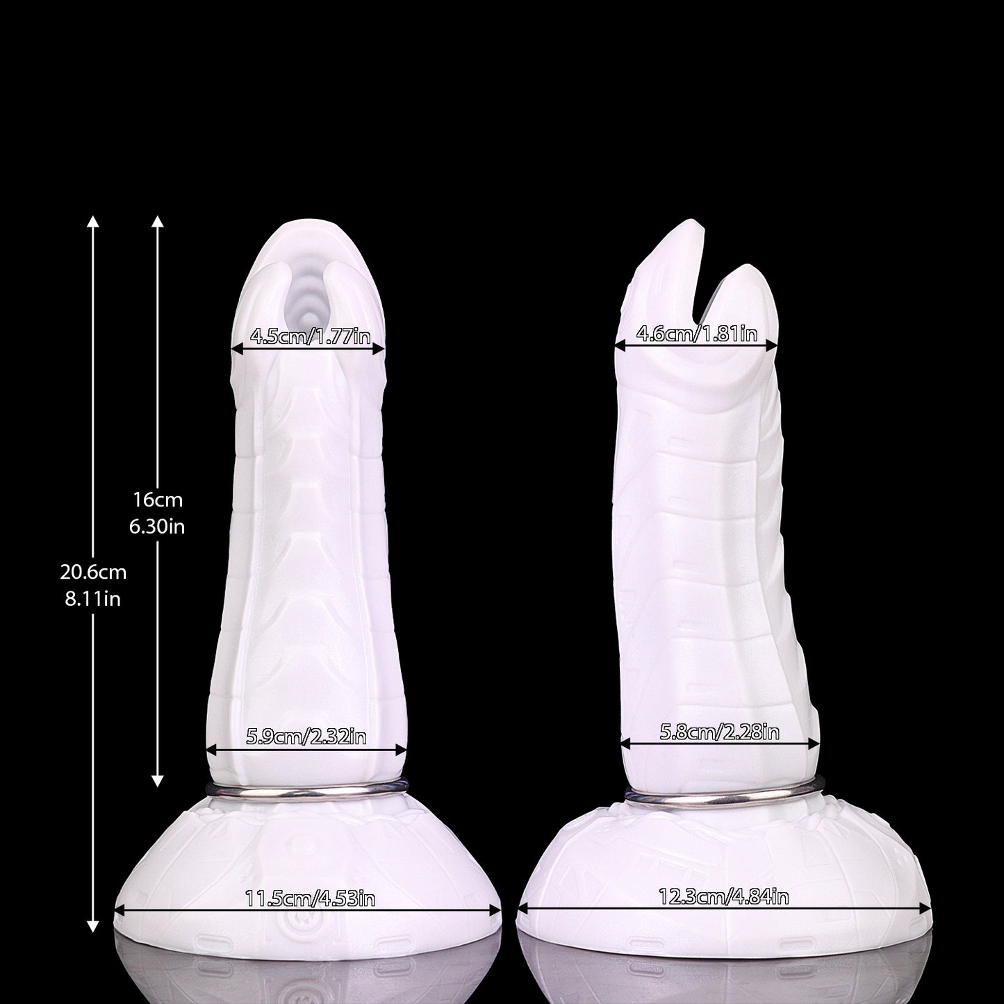 Kryptid the Breacher dildo, Ice colorway, size chart with insertable length, total length and diameter measurements