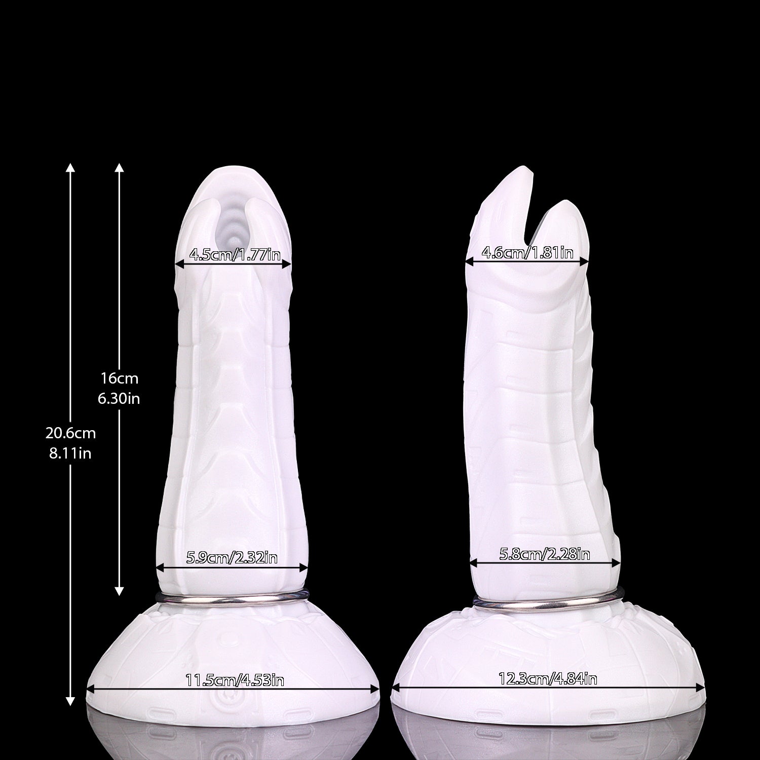 Kryptid the Breacher dildo, Ice colorway, size chart with insertable length, total length and diameter measurements