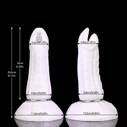 Kryptid the Breacher dildo, Ice colorway, size chart with insertable length, total length and diameter measurements
