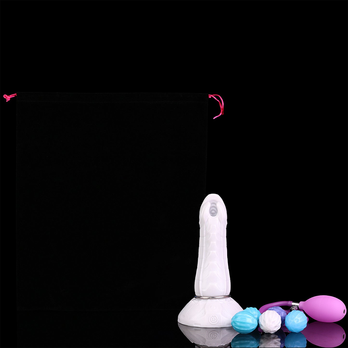 Kryptid the Breacher dildo, Ice colorway, shown with the included storage pouch, pump and eggs