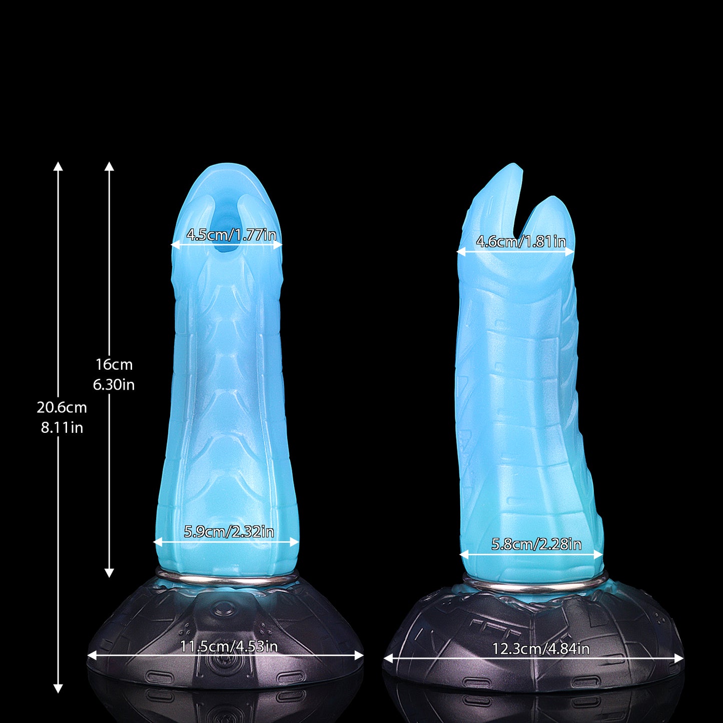 Kryptid the Breacher dildo, Pulse colorway, size chart with insertable length, total length and diameter measurements