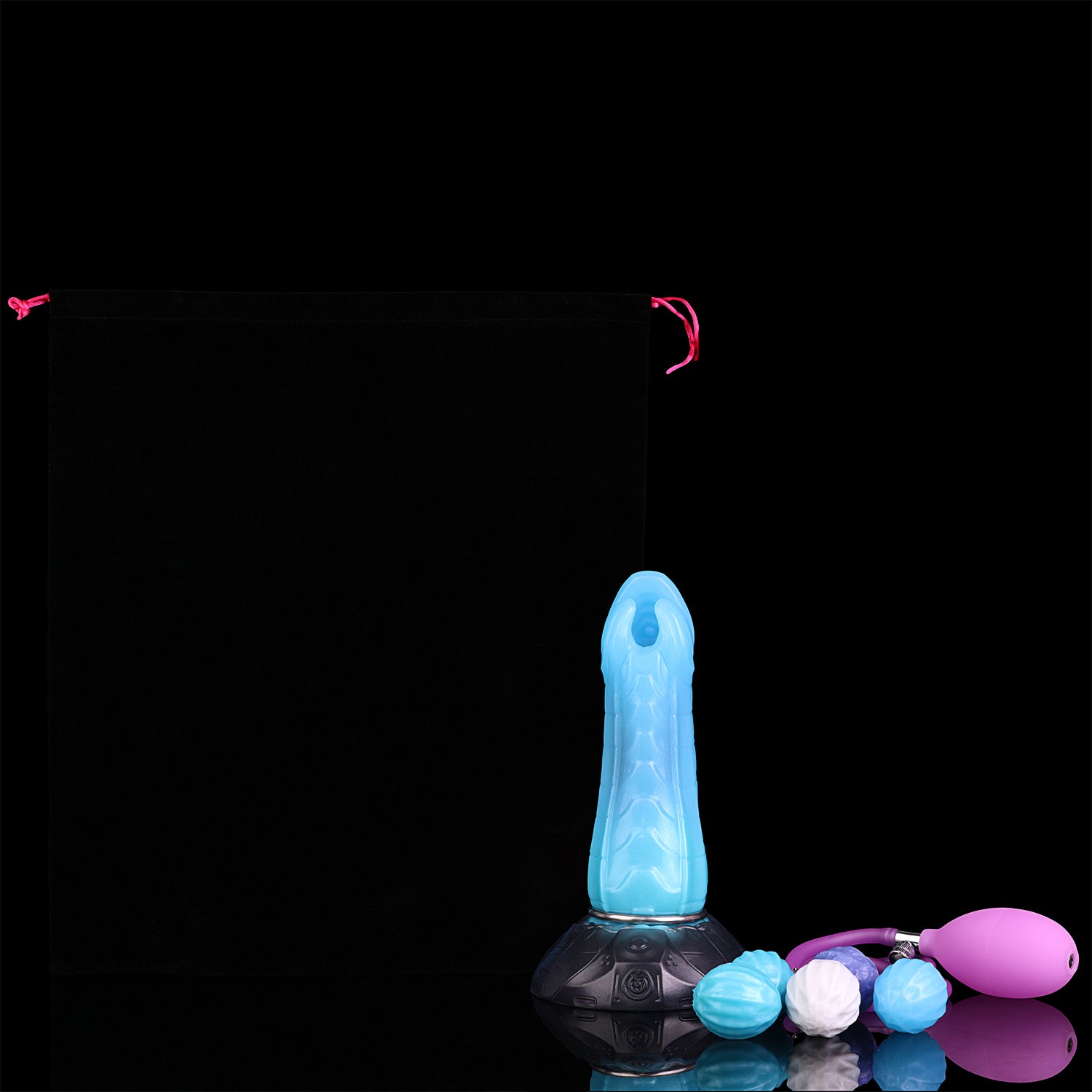 Kryptid the Breacher dildo, Pulse colorway, shown with the included storage pouch, pump and eggs