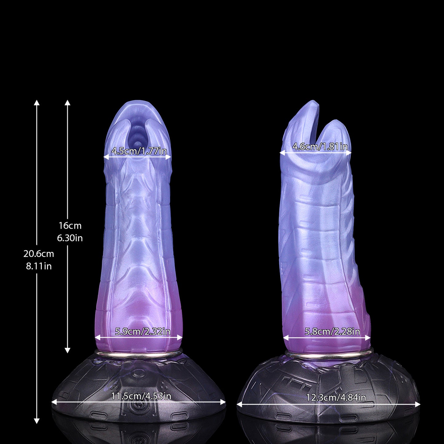 Kryptid the Breacher dildo, Spectre colorway, size chart with insertable length, total length and diameter measurements