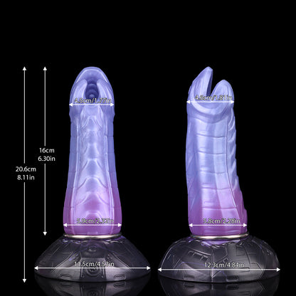Kryptid the Breacher dildo, Spectre colorway, size chart with insertable length, total length and diameter measurements