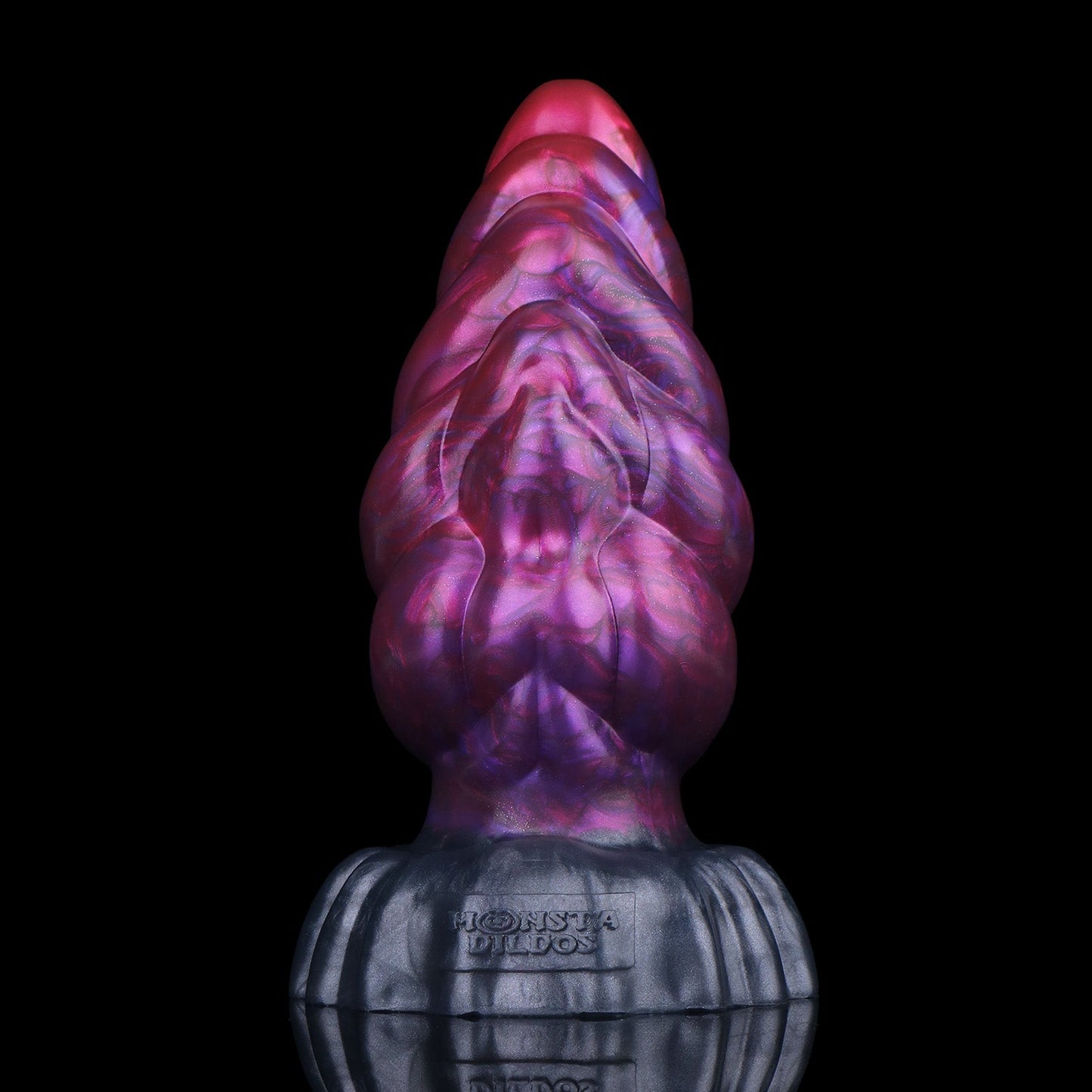 Larval the Alien Spawn dildo, Adrenaline colorway, standing upright front-on showing the tapered entry and ribbed base