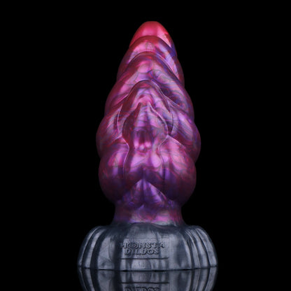 Larval the Alien Spawn dildo, Adrenaline colorway, standing upright front-on showing the tapered entry and ribbed base