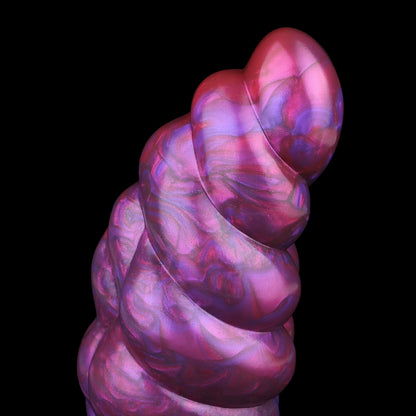 Larval the Alien Spawn dildo, Adrenaline colorway, close angled view of the ribbed shaft and metallic crimson streaks