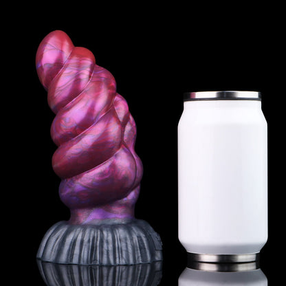 Larval the Alien Spawn dildo, Adrenaline colorway, standing upright beside a soda can for size comparison