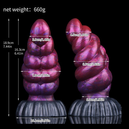 Larval the Alien Spawn dildo, Adrenaline colorway, size chart with insertable length, total length, diameter and weight measurements