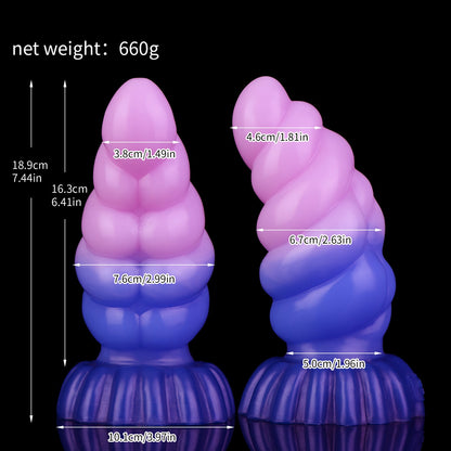 Larval the Alien Spawn dildo, Flux colorway, size chart with insertable length, total length, diameter and weight measurements