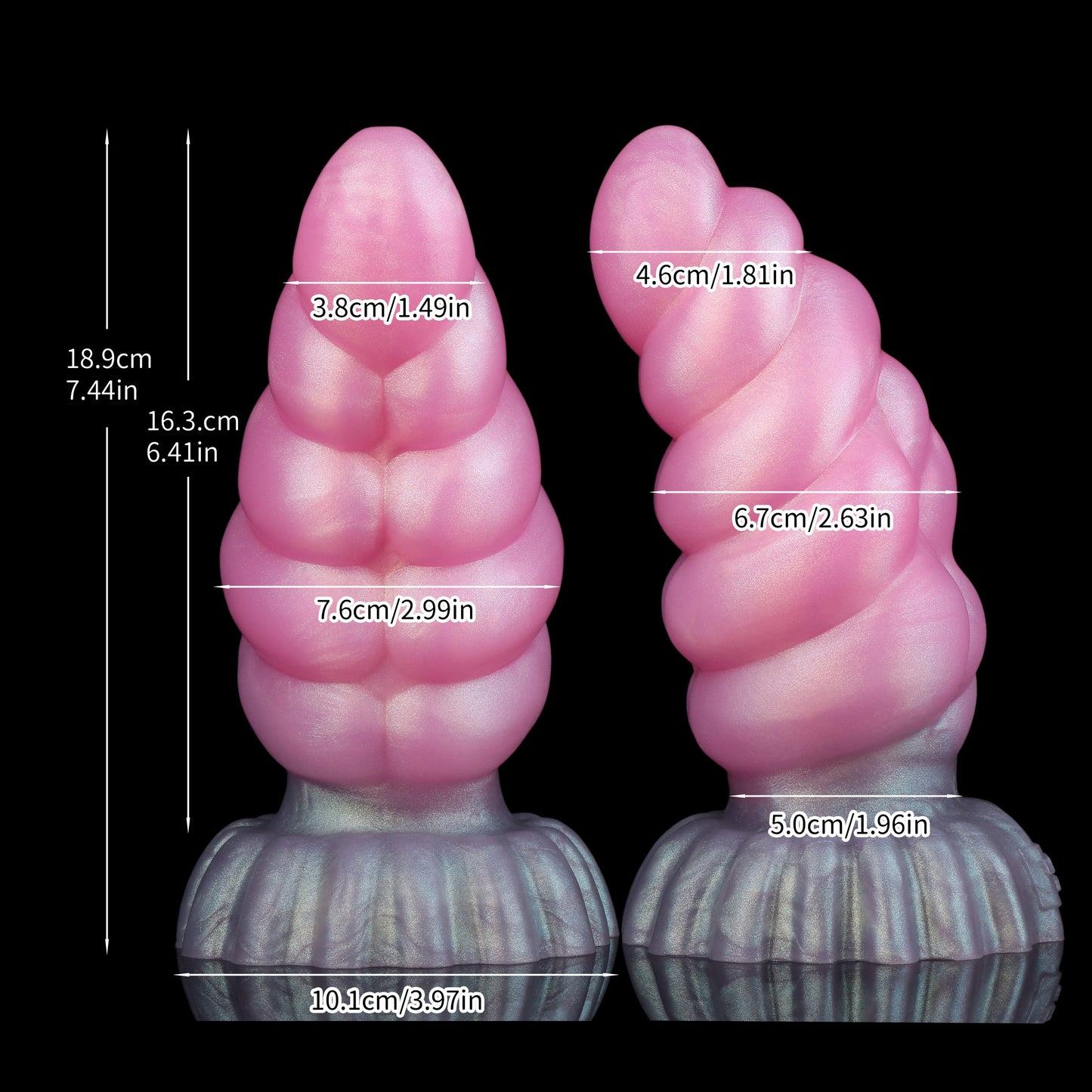 Larval the Alien Spawn dildo, Lick colorway, size chart with insertable length, total length and diameter measurements