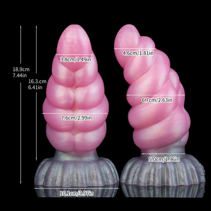 Larval the Alien Spawn dildo, Lick colorway, size chart with insertable length, total length and diameter measurements