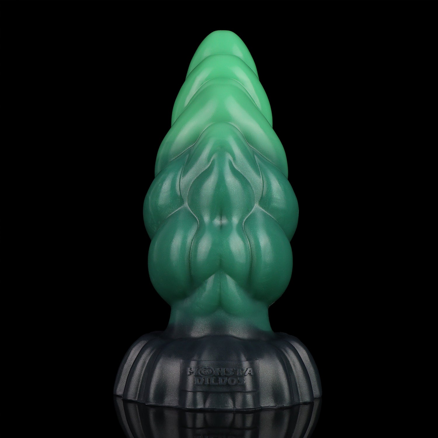Larval the Alien Spawn dildo, Ogre colorway, standing upright showing the ridged segments along the curved shaft