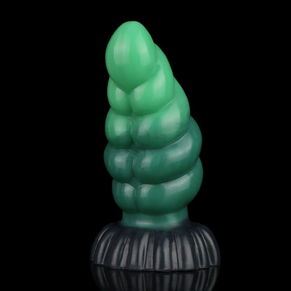 Larval the Alien Spawn dildo, Ogre colorway, front-on view of the tapered tip and ribbed round base