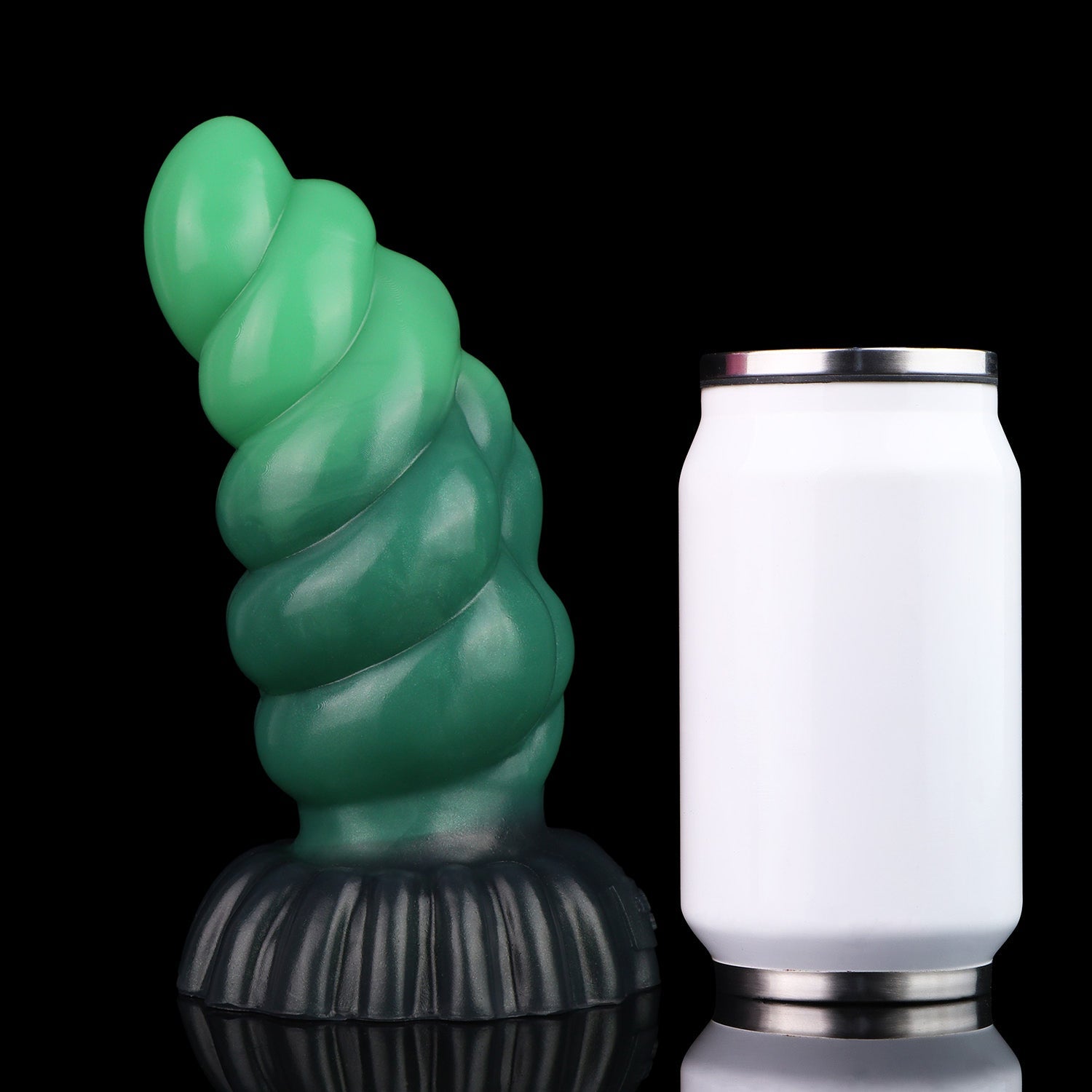 Larval the Alien Spawn dildo, Ogre colorway, standing upright beside a soda can for size comparison