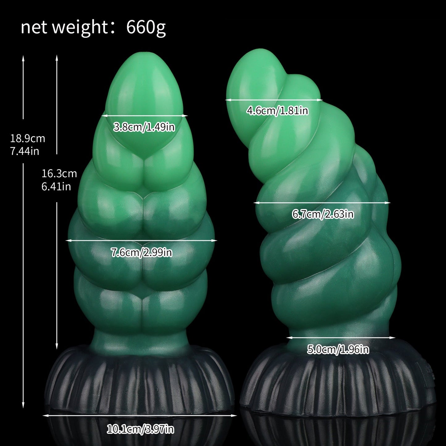 Larval the Alien Spawn dildo, Ogre colorway, size chart with insertable length, total length, diameter and weight measurements