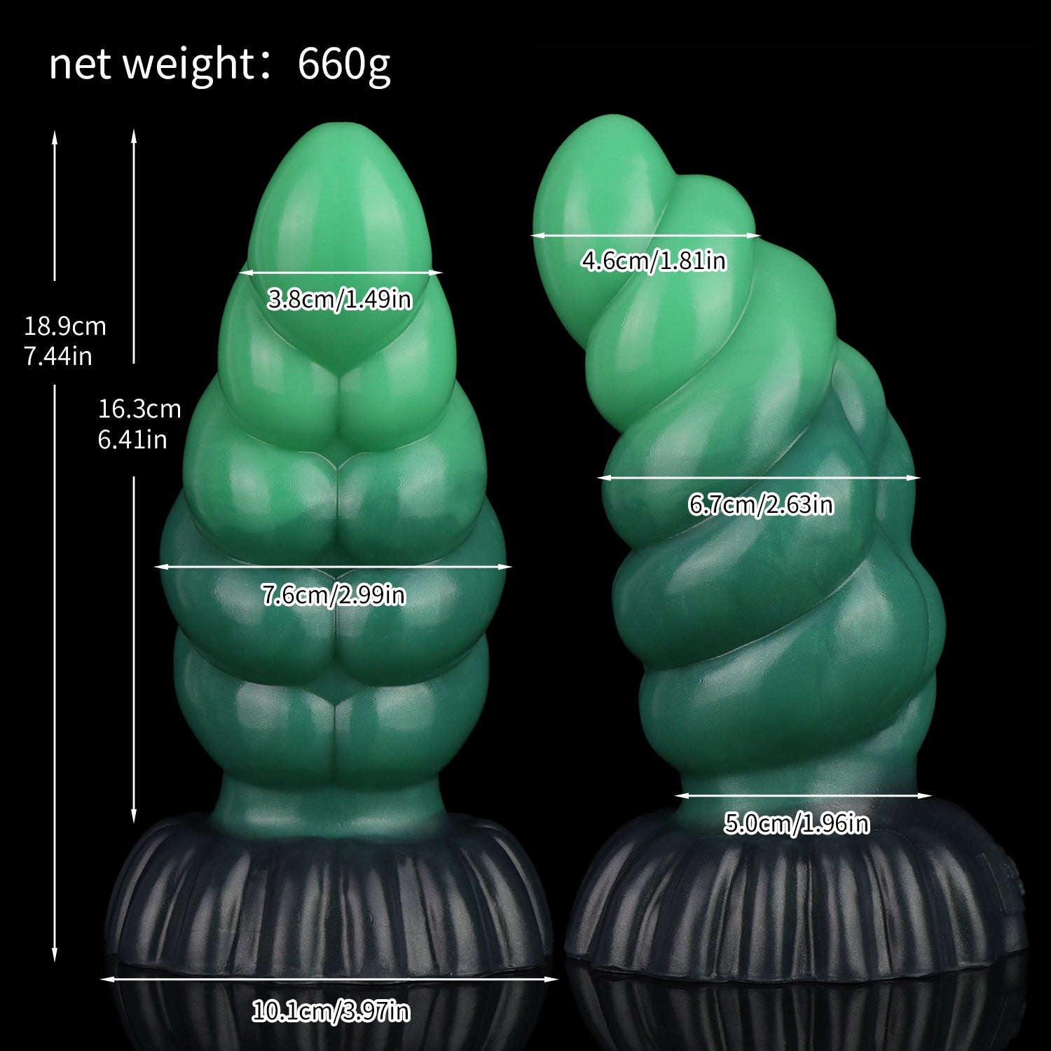 Larval the Alien Spawn dildo, Ogre colorway, size chart with insertable length, total length, diameter and weight measurements