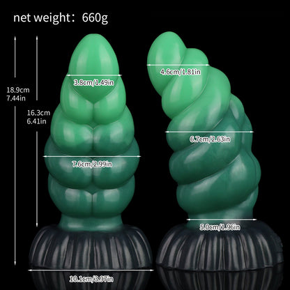 Larval the Alien Spawn dildo, Ogre colorway, size chart with insertable length, total length, diameter and weight measurements