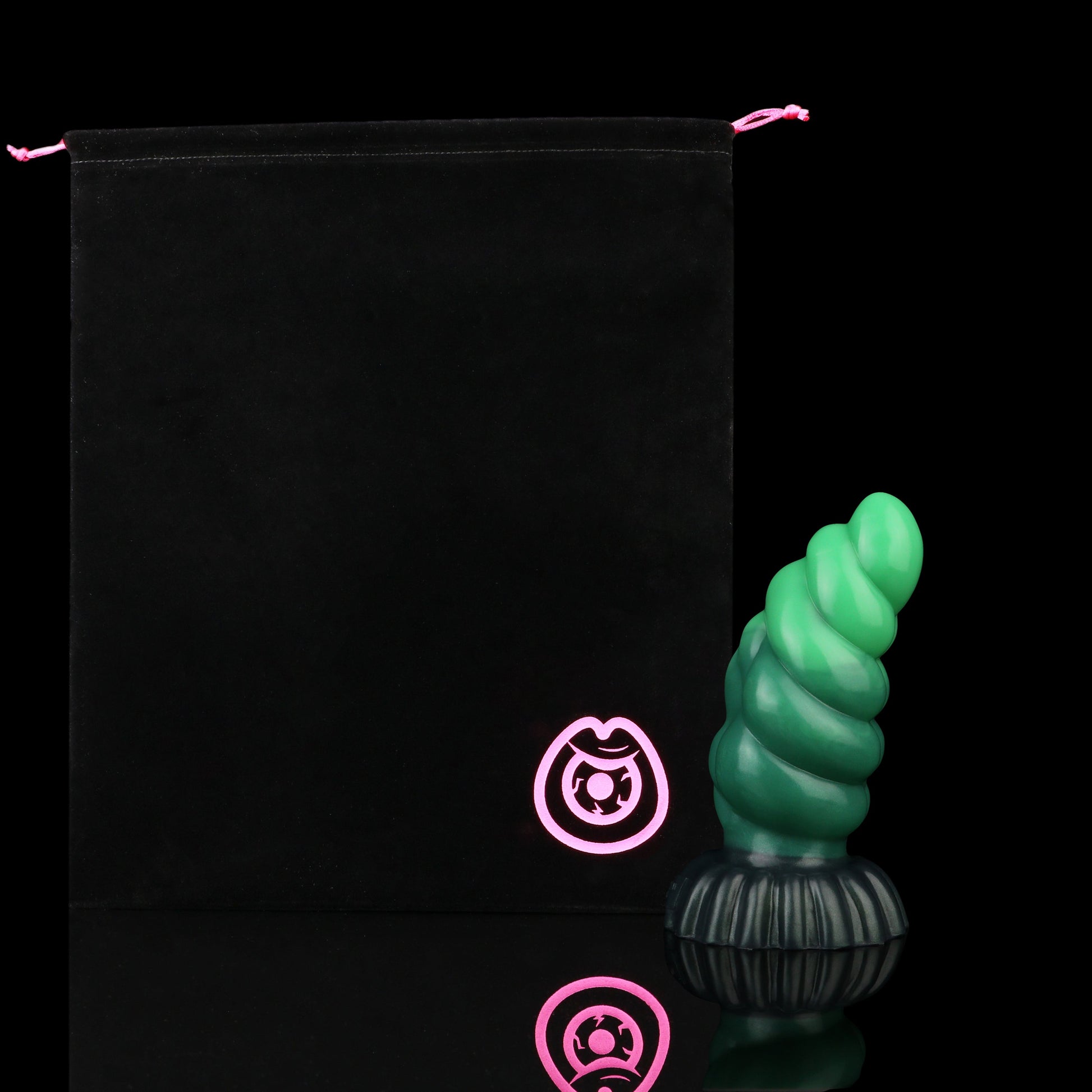 Larval the Alien Spawn dildo, Ogre colorway, shown alongside the included black Lunara's Realm storage pouch