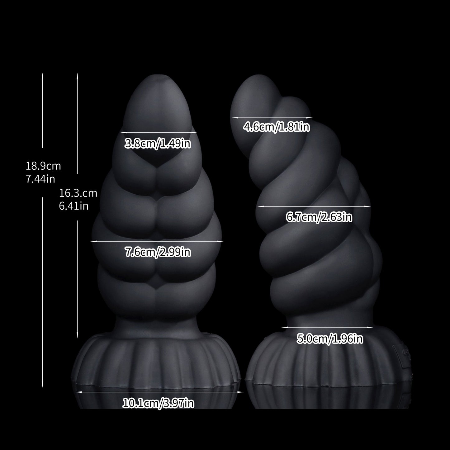 Larval the Alien Spawn dildo, Shadow colorway, size chart with insertable length, total length and diameter measurements