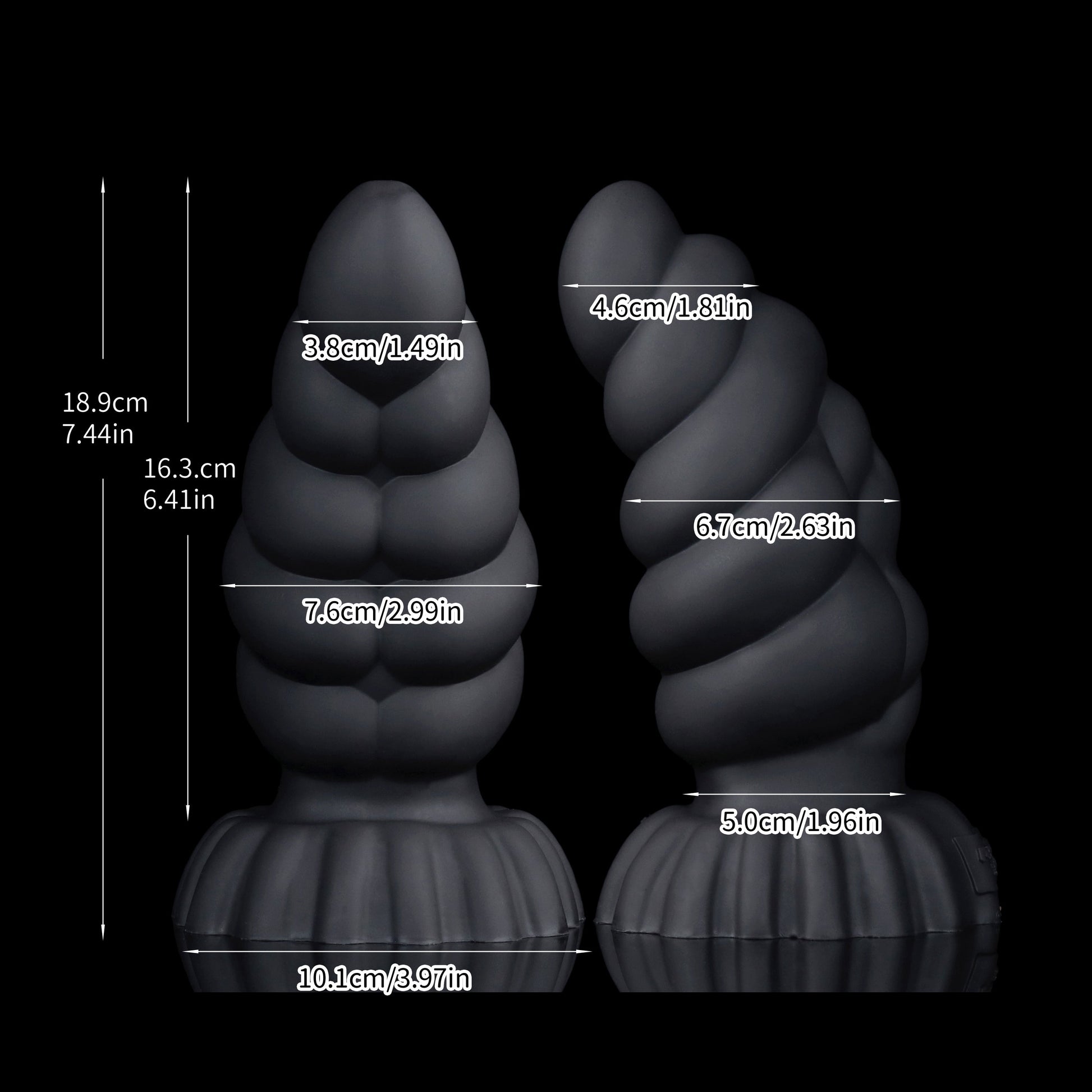 Larval the Alien Spawn dildo, Shadow colorway, size chart with insertable length, total length and diameter measurements