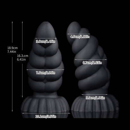 Larval the Alien Spawn dildo, Shadow colorway, size chart with insertable length, total length and diameter measurements