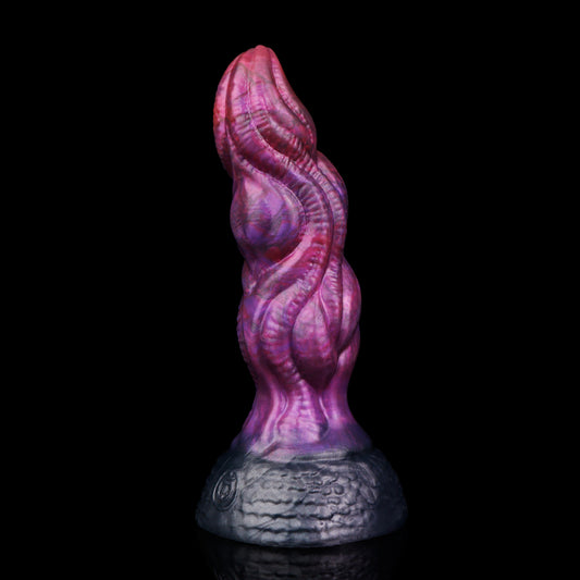 Lumen the Bloomborn dildo, Adrenaline colorway, standing upright showing the spiraling vein-like ribs winding the shaft