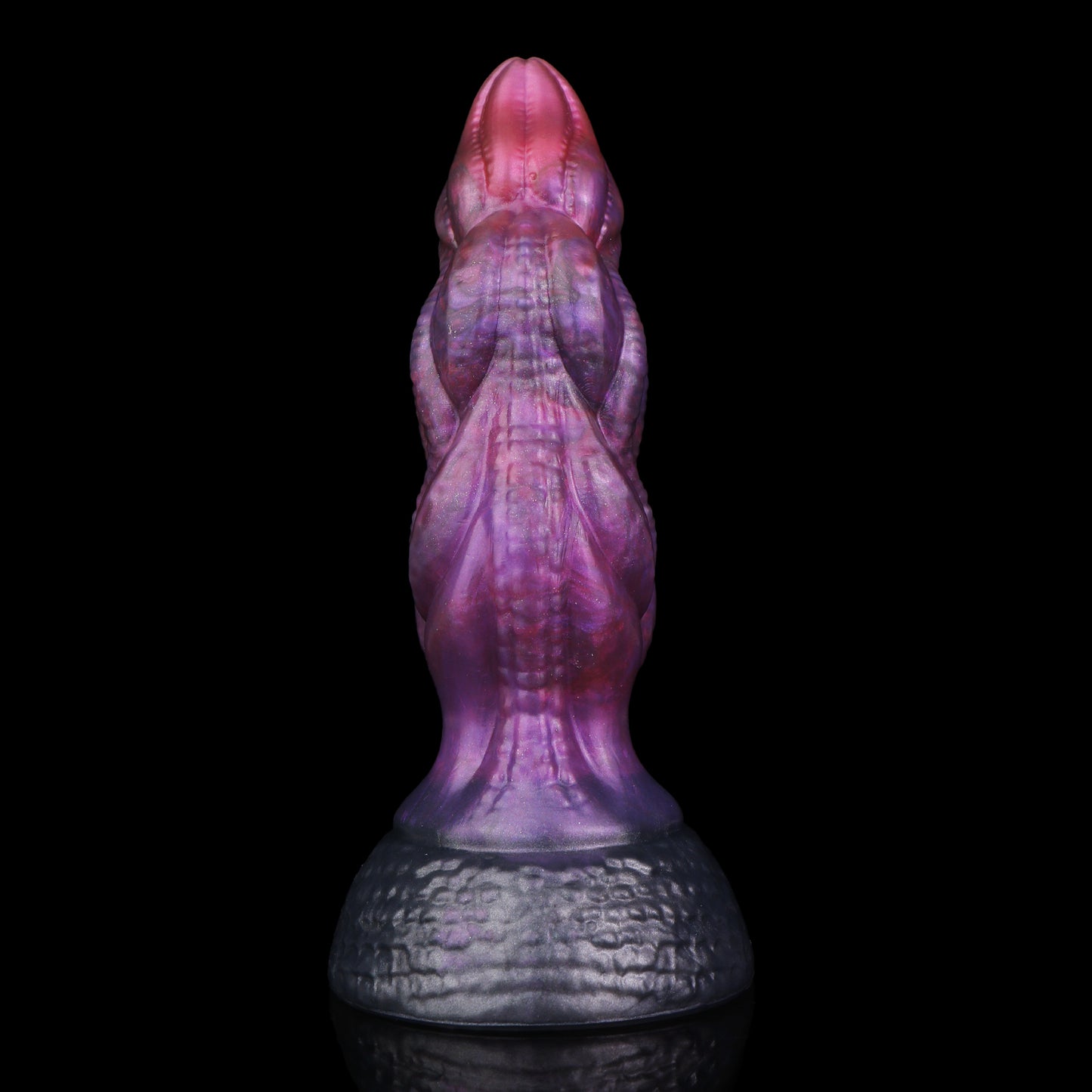 Lumen the Bloomborn dildo, Adrenaline colorway, standing upright showing the gunmetal base surging into metallic purple and crimson