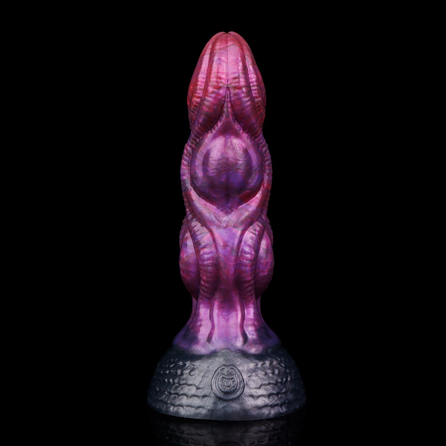 Lumen the Bloomborn dildo, Adrenaline colorway, standing upright showing the smooth bulbous tip and spiral ribbing