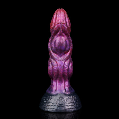Lumen the Bloomborn dildo, Adrenaline colorway, standing upright showing the smooth bulbous tip and spiral ribbing