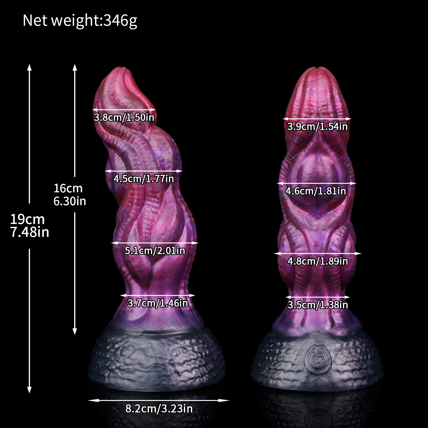 Lumen the Bloomborn dildo, Adrenaline colorway, size chart with insertable length, total length, diameter and weight measurements